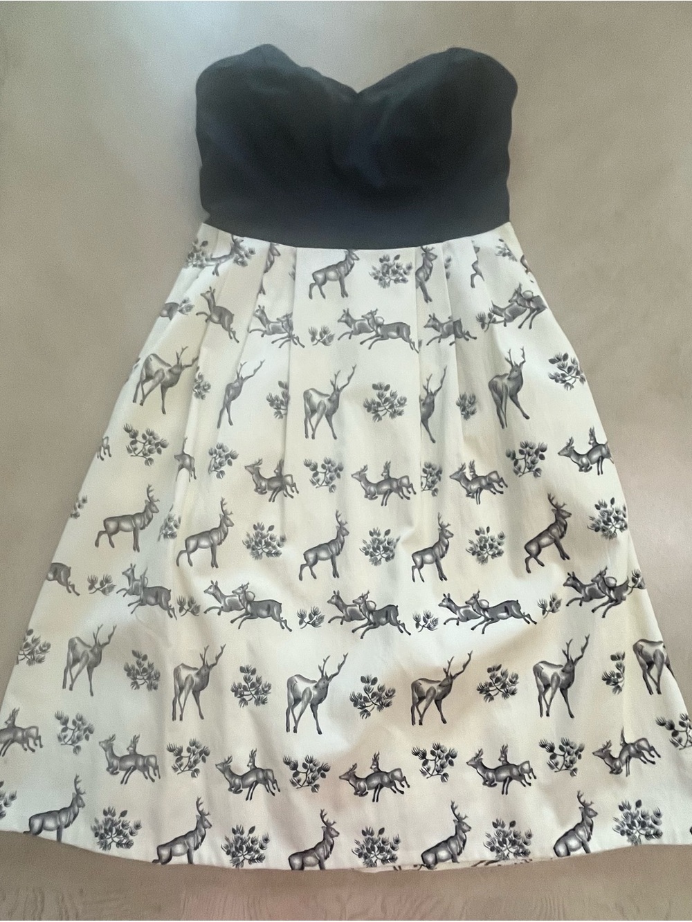 Anthropologie Postmark Conifer Herd Strapless Deer Dress in Black Cream Size 6